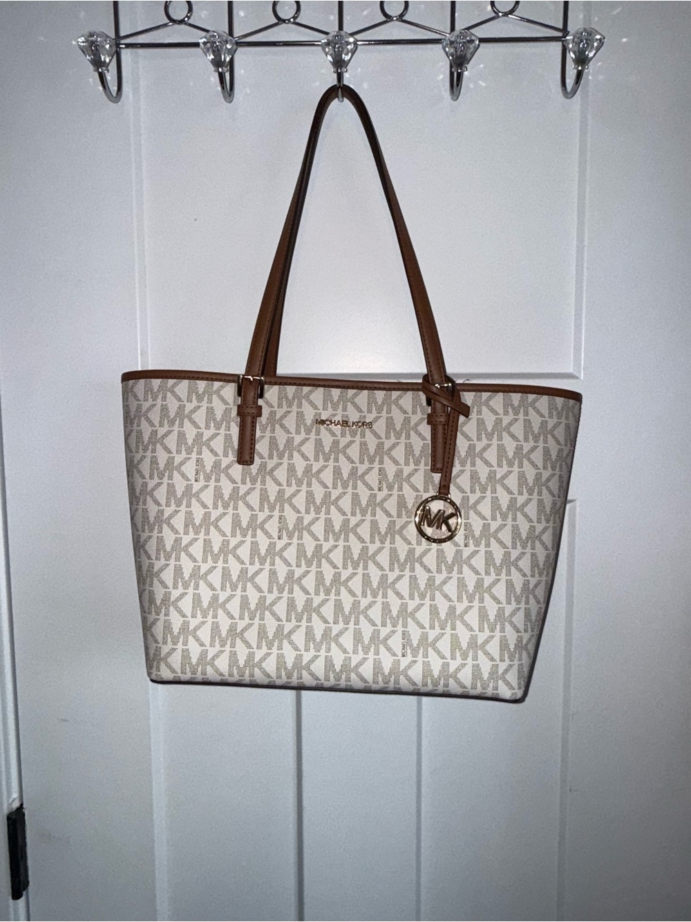 Michael Kors Cream Signature MK Tote with Brown Trim